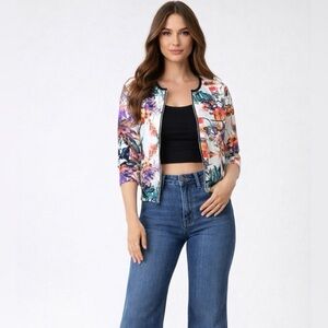 Tropical Jacket Jersey Full Zip 3/4 Sleeves Floral Colorful MEDIUM